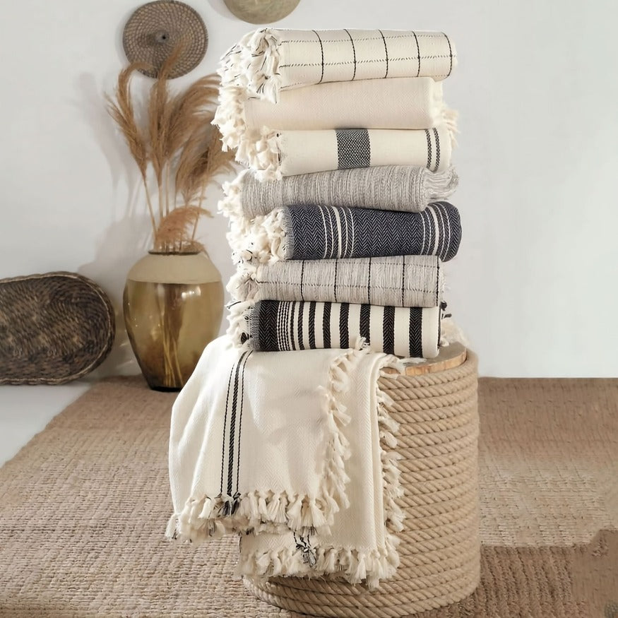 Cream With Black Stripes Cotton Throw Blanket