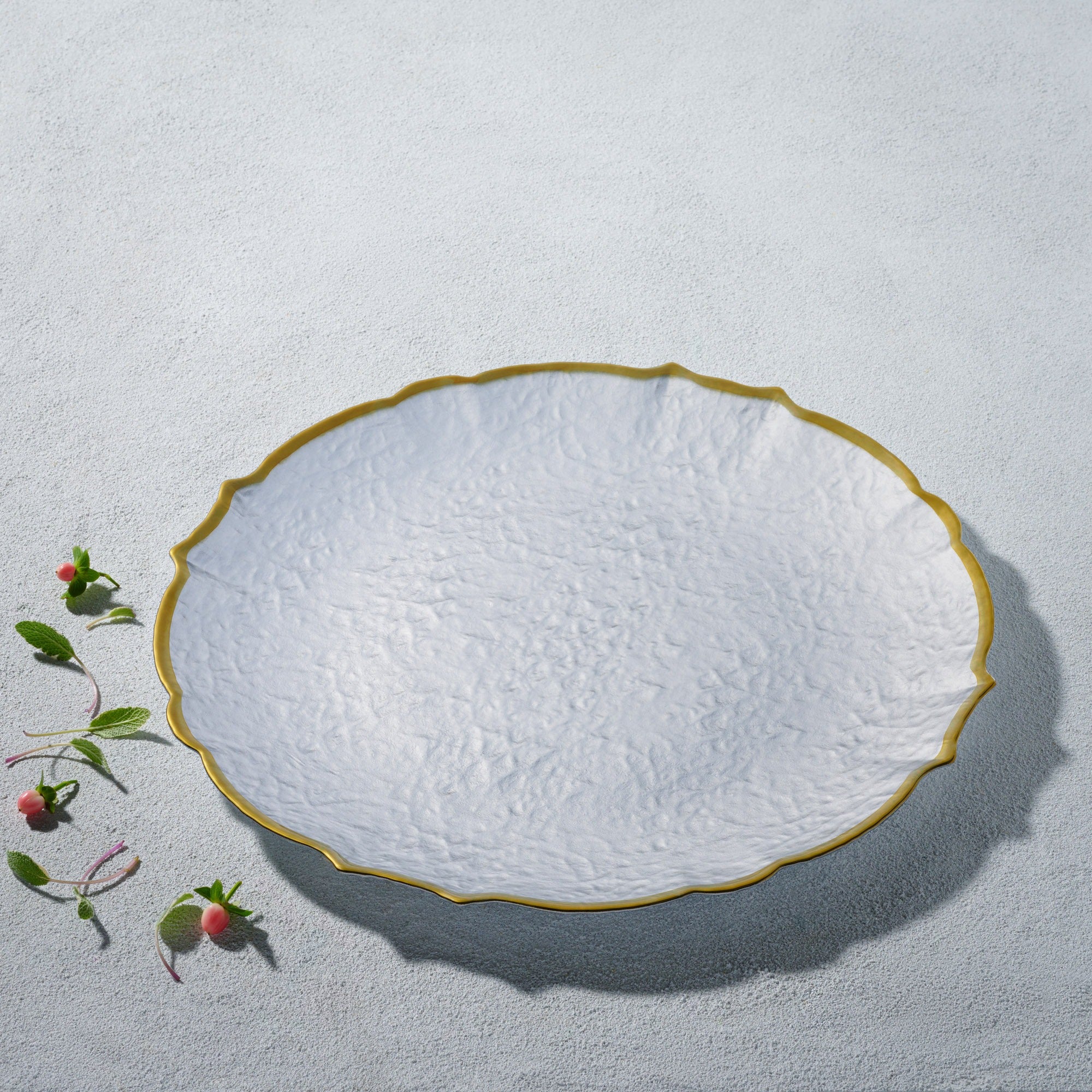 Vikko - Cedar, Glass Charger, Silver with Gold Rim, 13" Set of Six