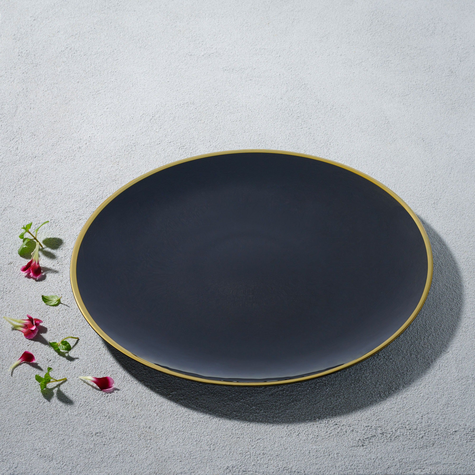 Vikko - Willow, Glass Charger, Black with Gold Rim, 13" Set of Six