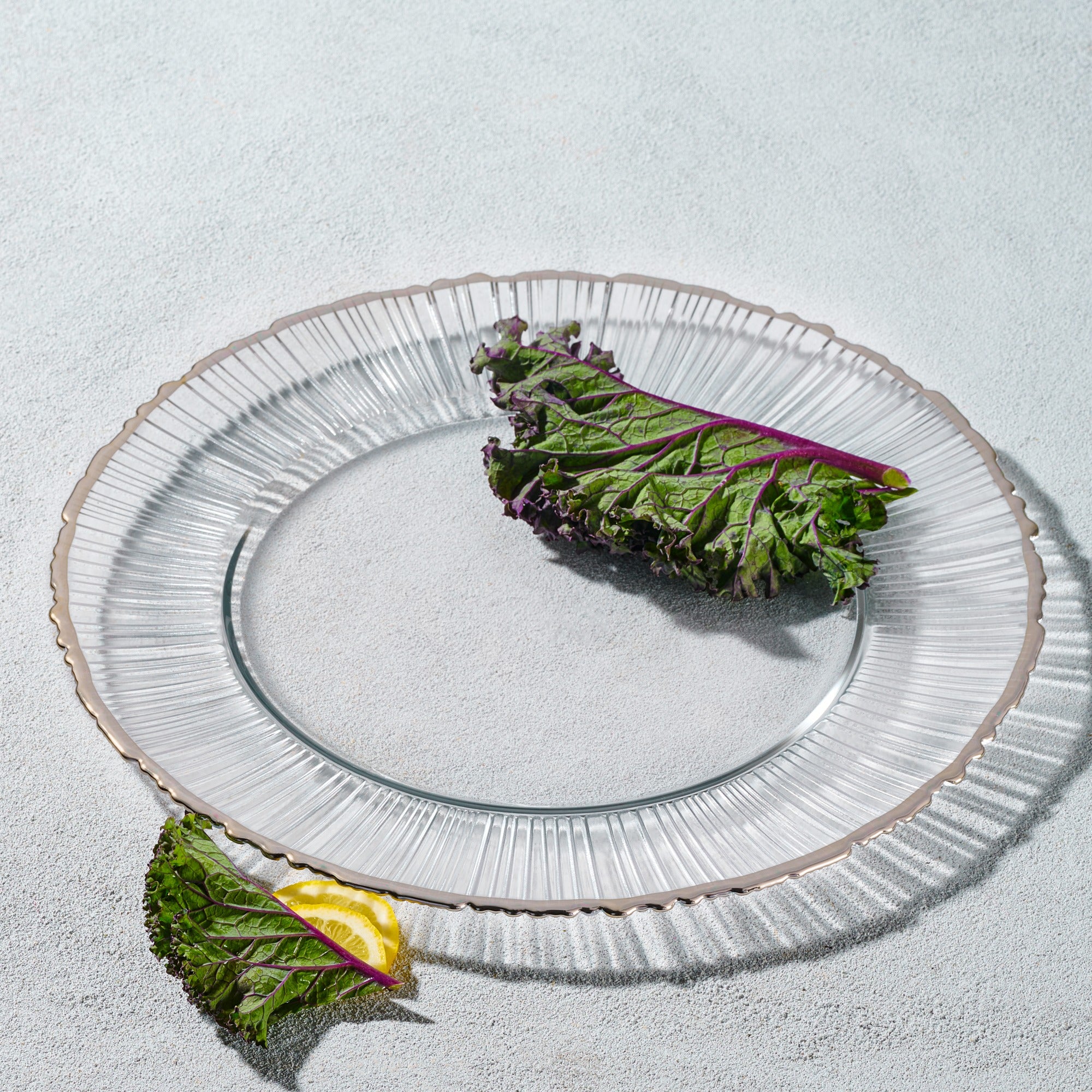 Vikko - Decor, Harmony, Silver Rim, Glass Charger, 13" Set of Six