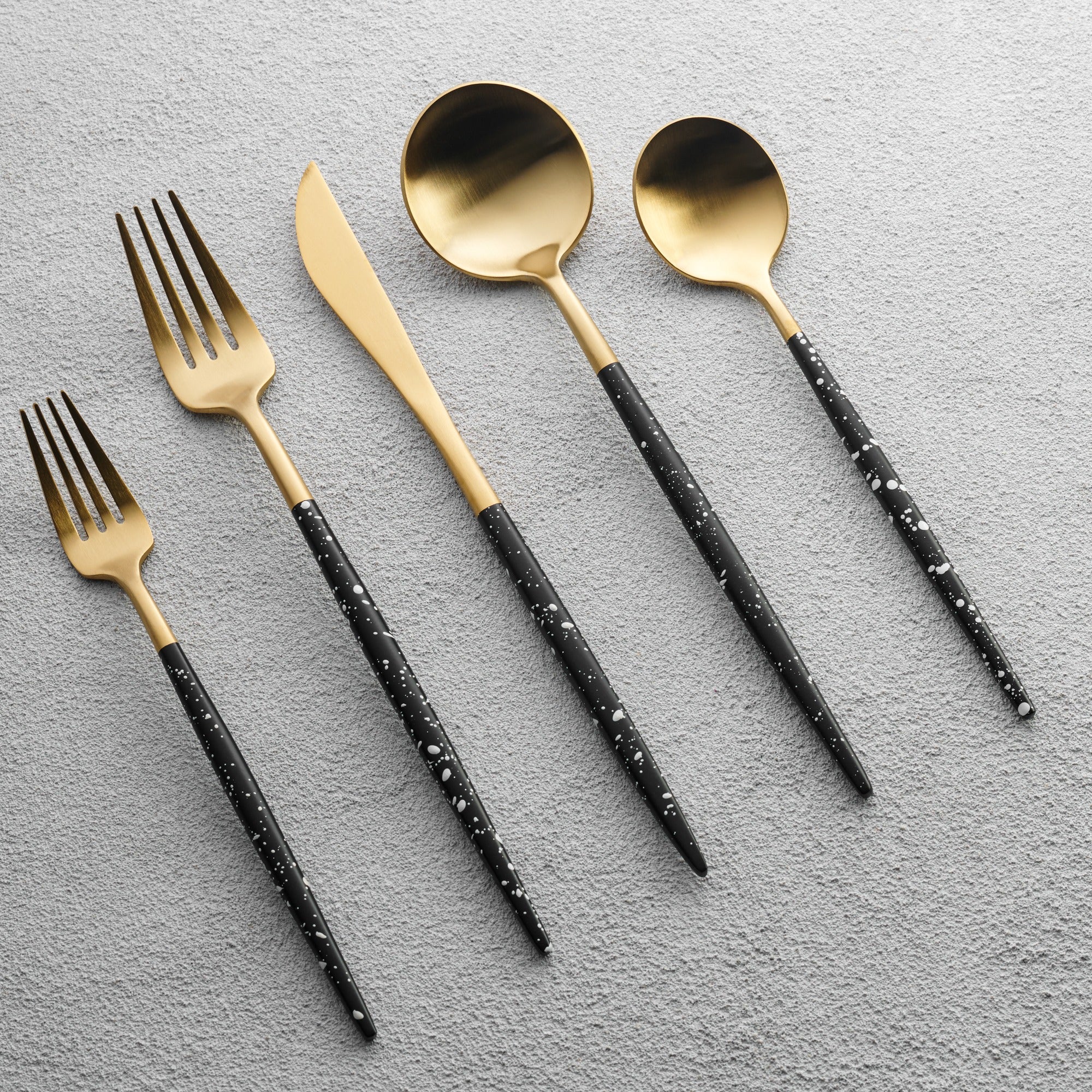 Vikko - Vera Brushed Gold with White Speckled Black Handle 20 Pc Flatware Set