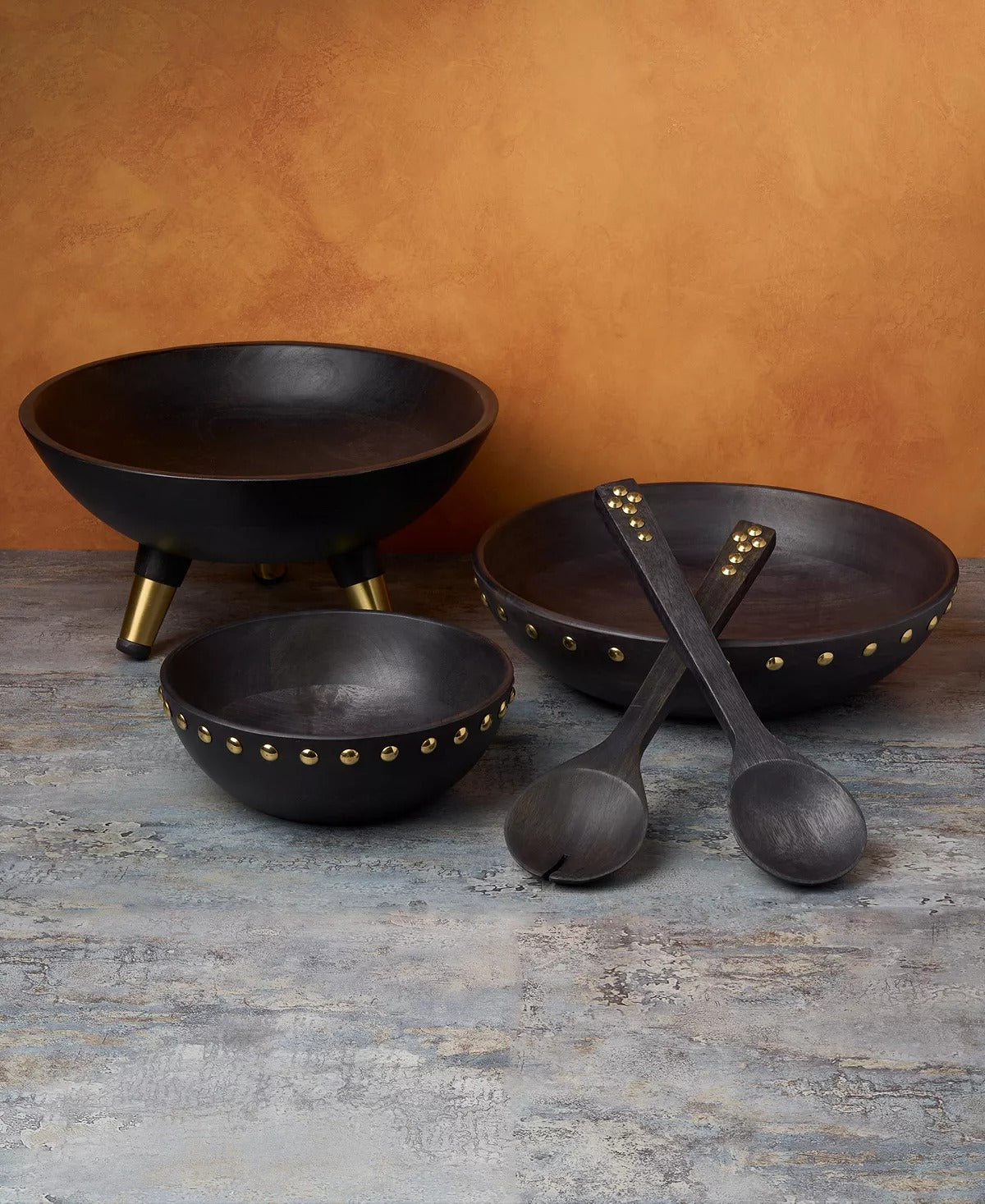 Wood Metal Studded Small Salad Bowl