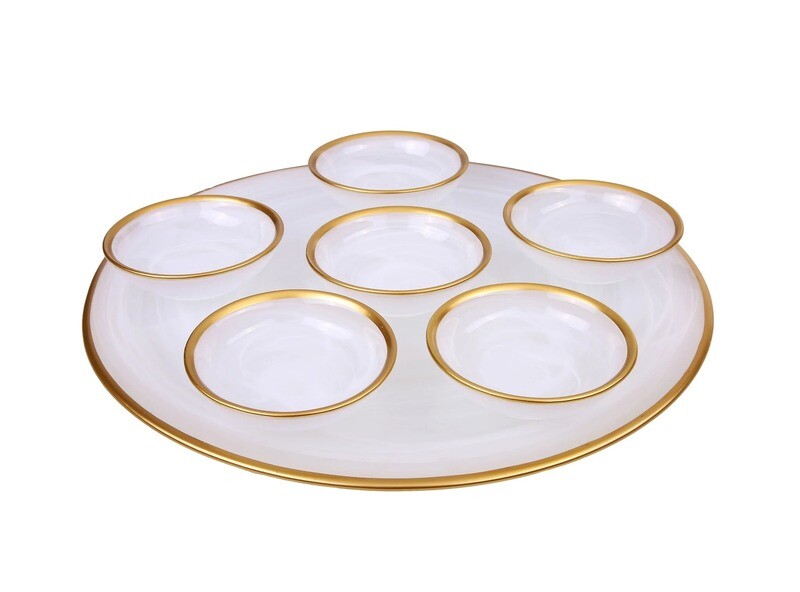 Alabaster White Seder Plate With Gold rim