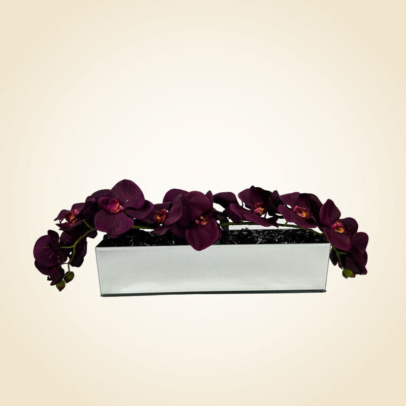 18" Mirror Vase with Arched Maroon Orchids