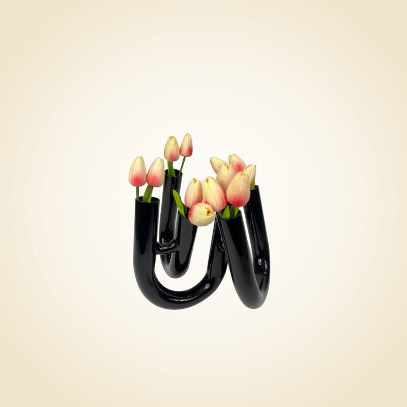 Novelty Black 6 Tube Vase with Pink Tulips