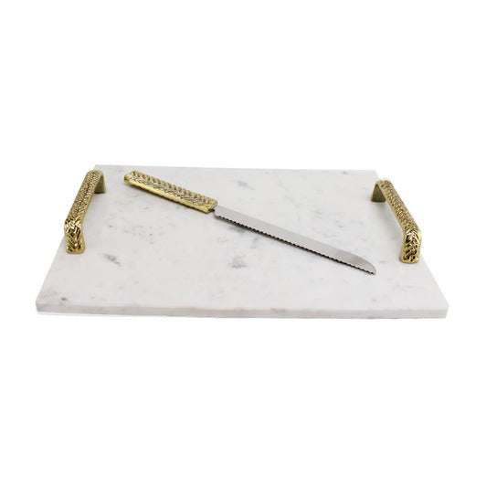 Marble Challah Board with Braided Gold Handles With Knife