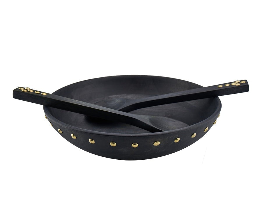Wood Metal Studded Large Salad Bowl