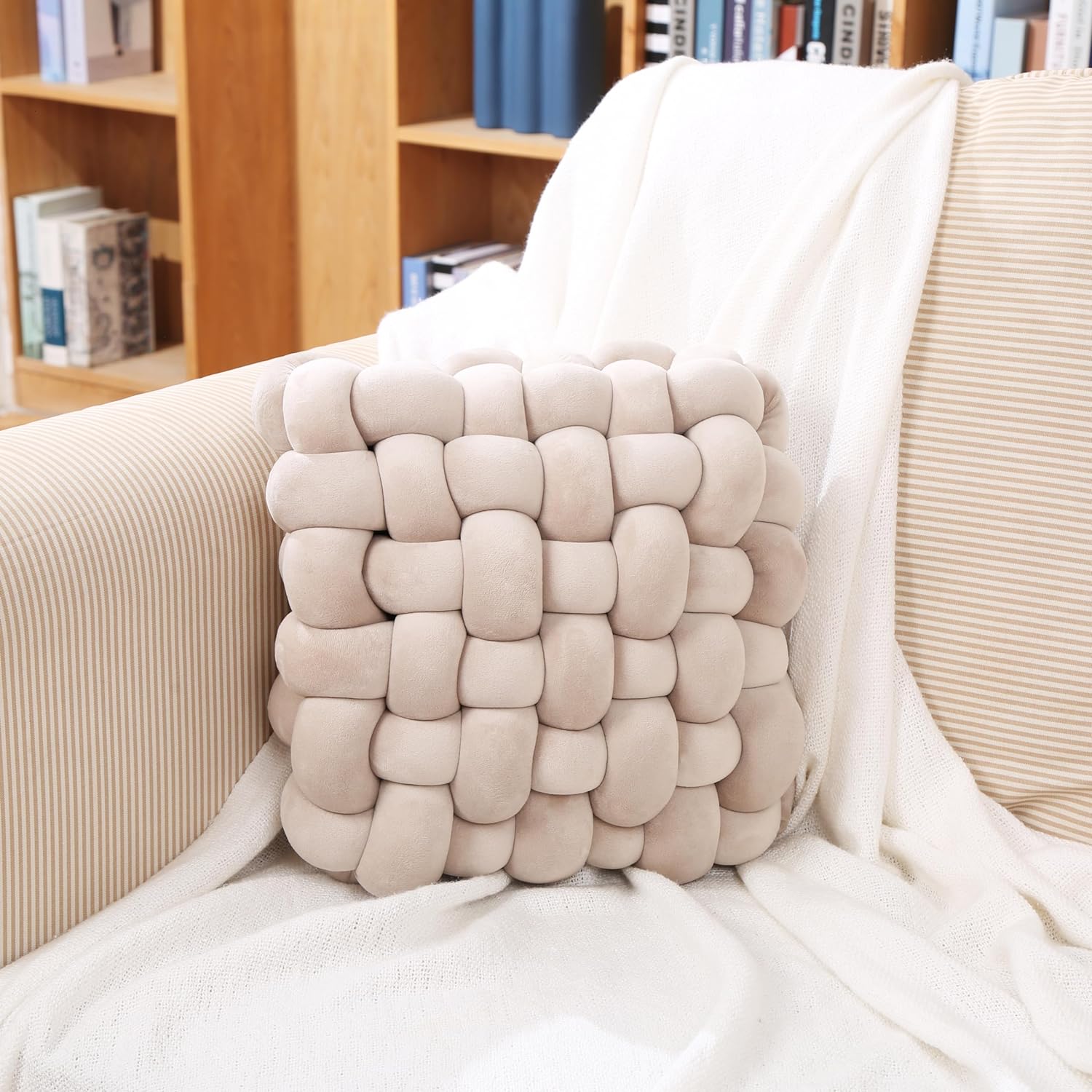 Square Light Gray Plush Knot Pillow 13"