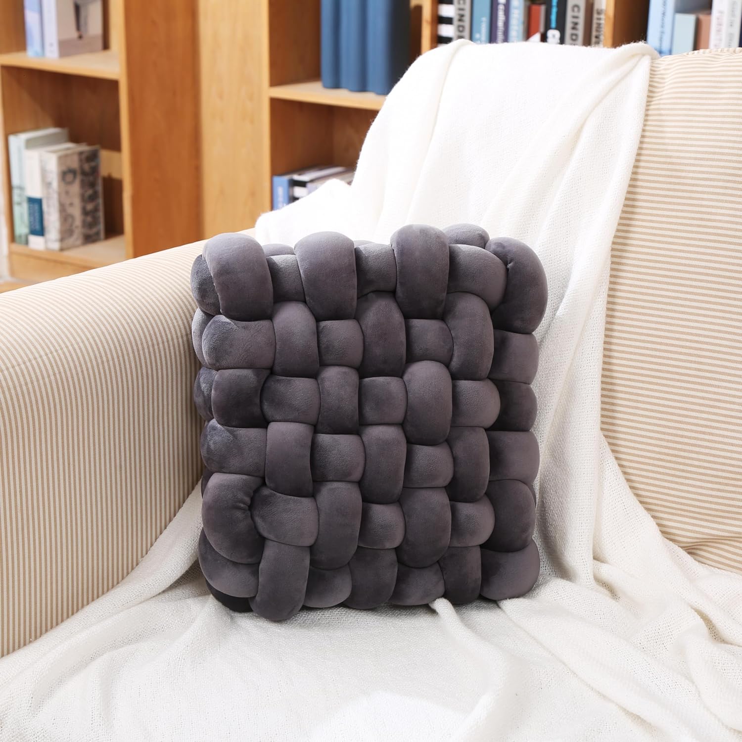Square Dark Gray Plush Knot Pillow 13"