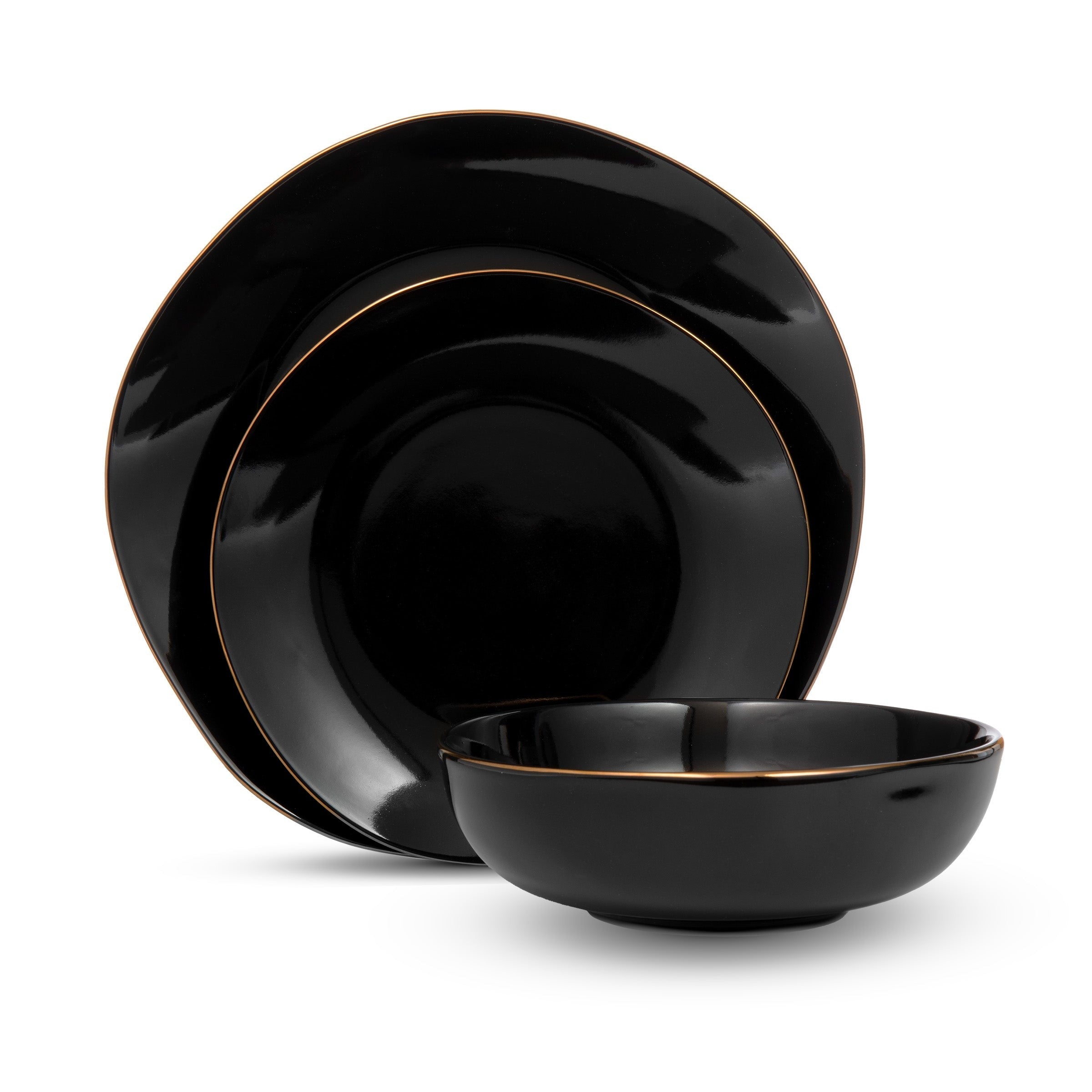 Andover Black 12 Piece Gold Rim Dinnerware Set