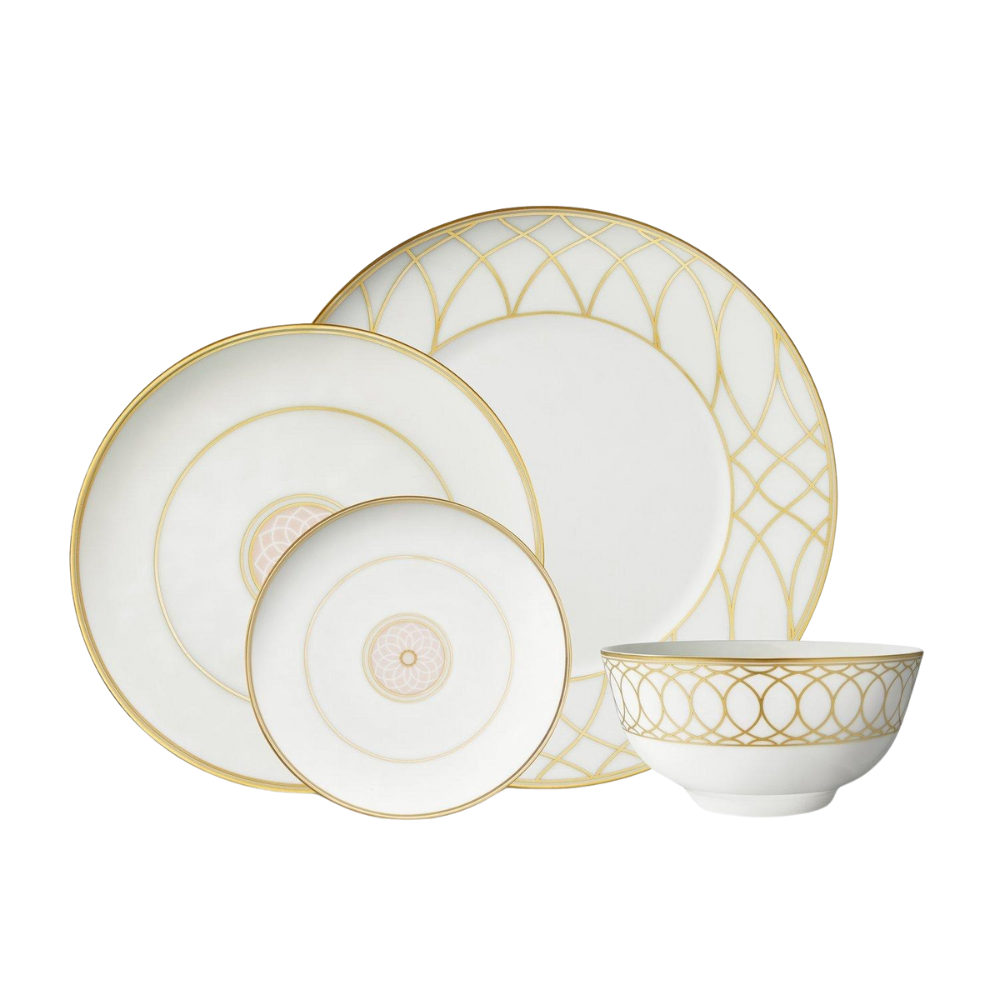 Vikko - Bliss, Lexington, Dinnerware Set, Service For 4, Gold and Pink Scallop, 16 Pc