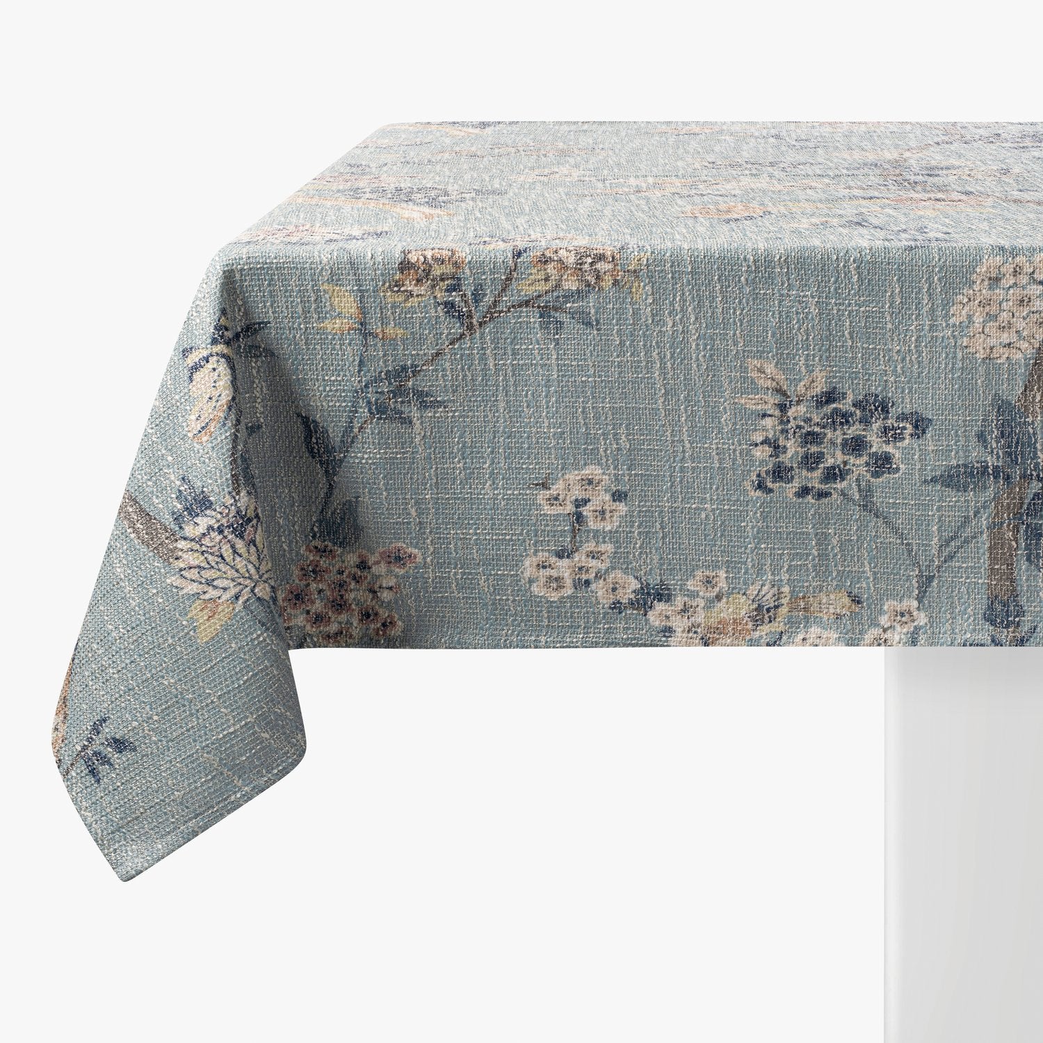 BIRD + FLORAL CHINOISERIE TABLECLOTH 70 x 108| WRINKLE RESISTANT + SPILL-PROOF + OIL STAIN RESISTANT + MACHINE WASHABLE/DRYER SAFE