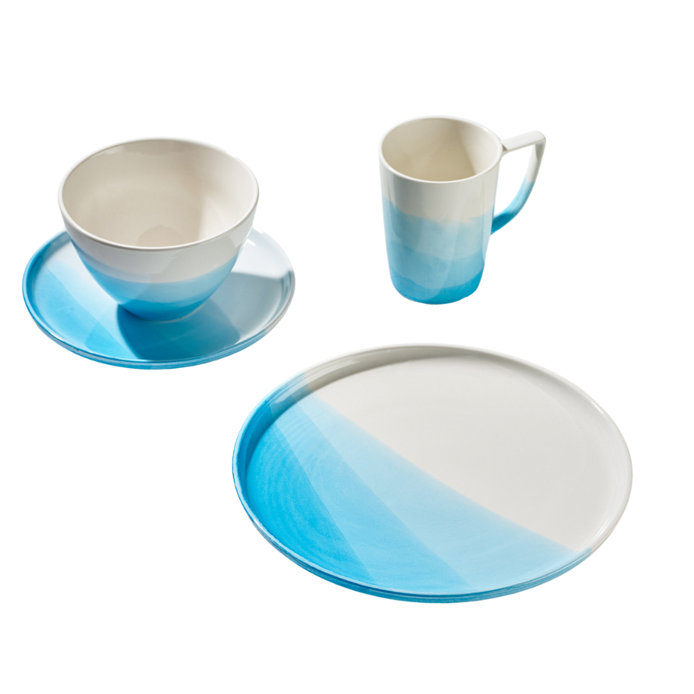 Vikko Classic - Sky Blue, Fine Porcelain 16 Pc Dinnerware Set, Service For 4