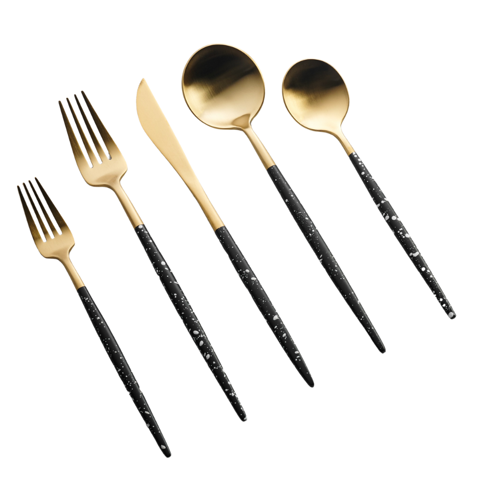 Vikko - Vera Brushed Gold with White Speckled Black Handle 20 Pc Flatware Set