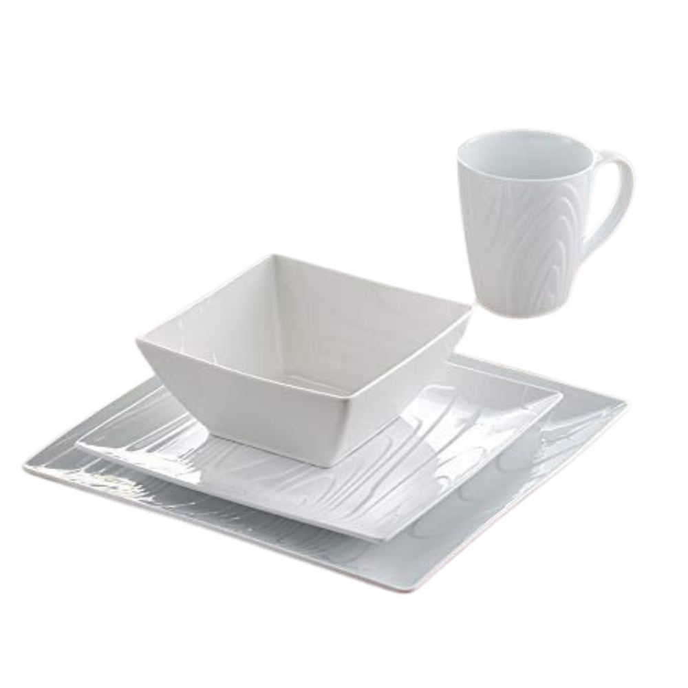 Woodgrain Square, Fine Porcelain, 16 Pc Dinnerware Set