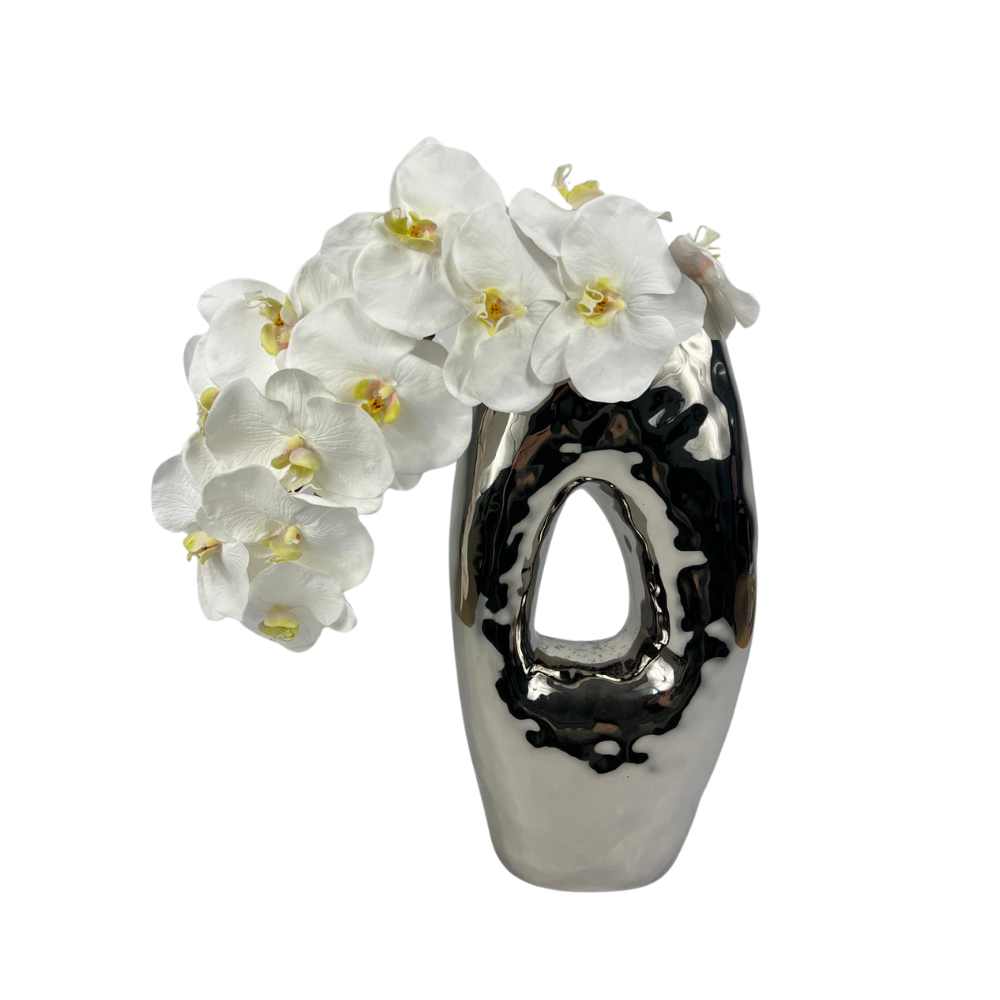 Silver Tall Ring Vase With White Orchid
