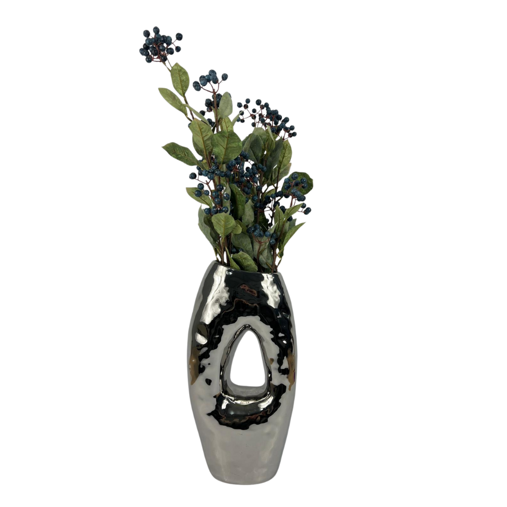 Silver Tall Ring Vase With Berries