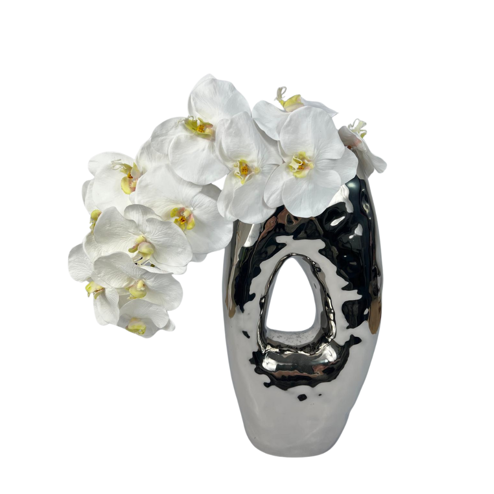 Silver Tall Ring Vase With White Orchid
