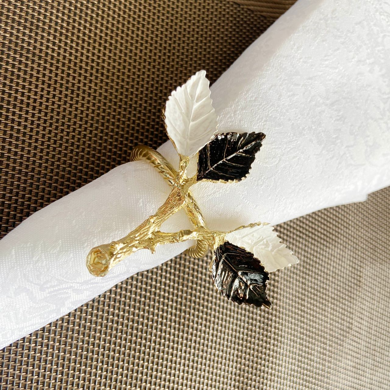 Two Leaf Stems Black & White Napkin Ring w Gold Base Set of Four