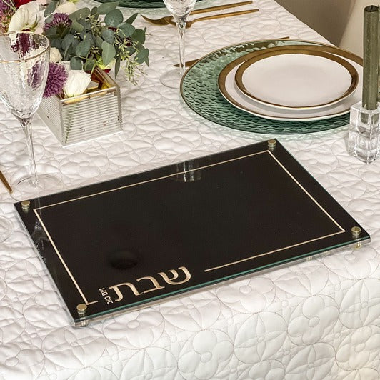 Gold Embroidered Black Leatherette Lucite and Glass Top Challah Board