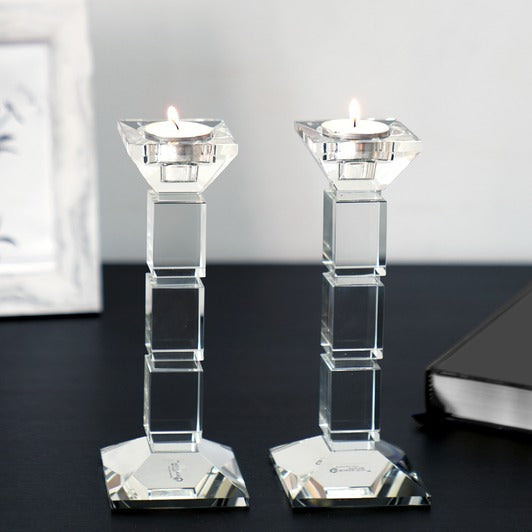 Crystal Candlesticks Square Design Set of 2 Clear