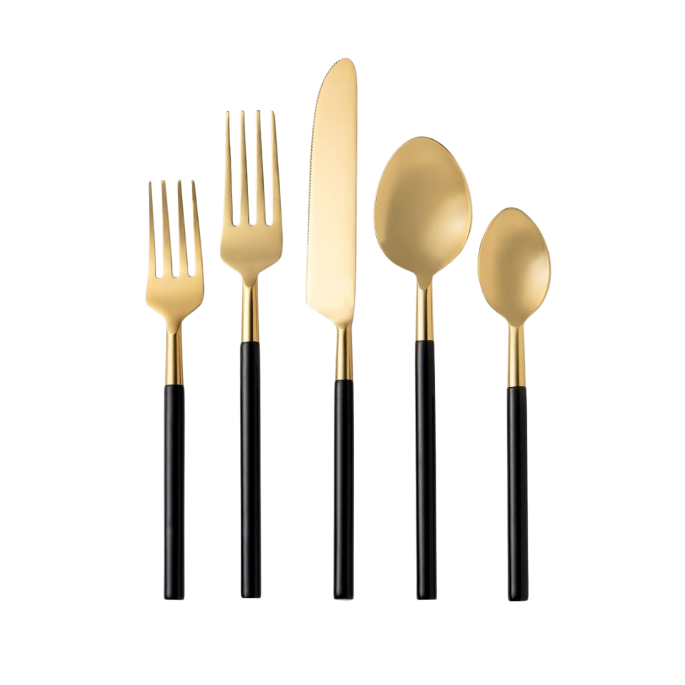 Vikko - Dine, Cove, Brushed Gold with Black Handle, 18/10 SS, 20 Pc Flatware Set