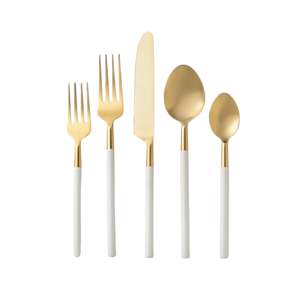 Vikko - Dine, Cove, Brushed Gold with White Handle, 18/10 SS, 20 Pc Flatware Set