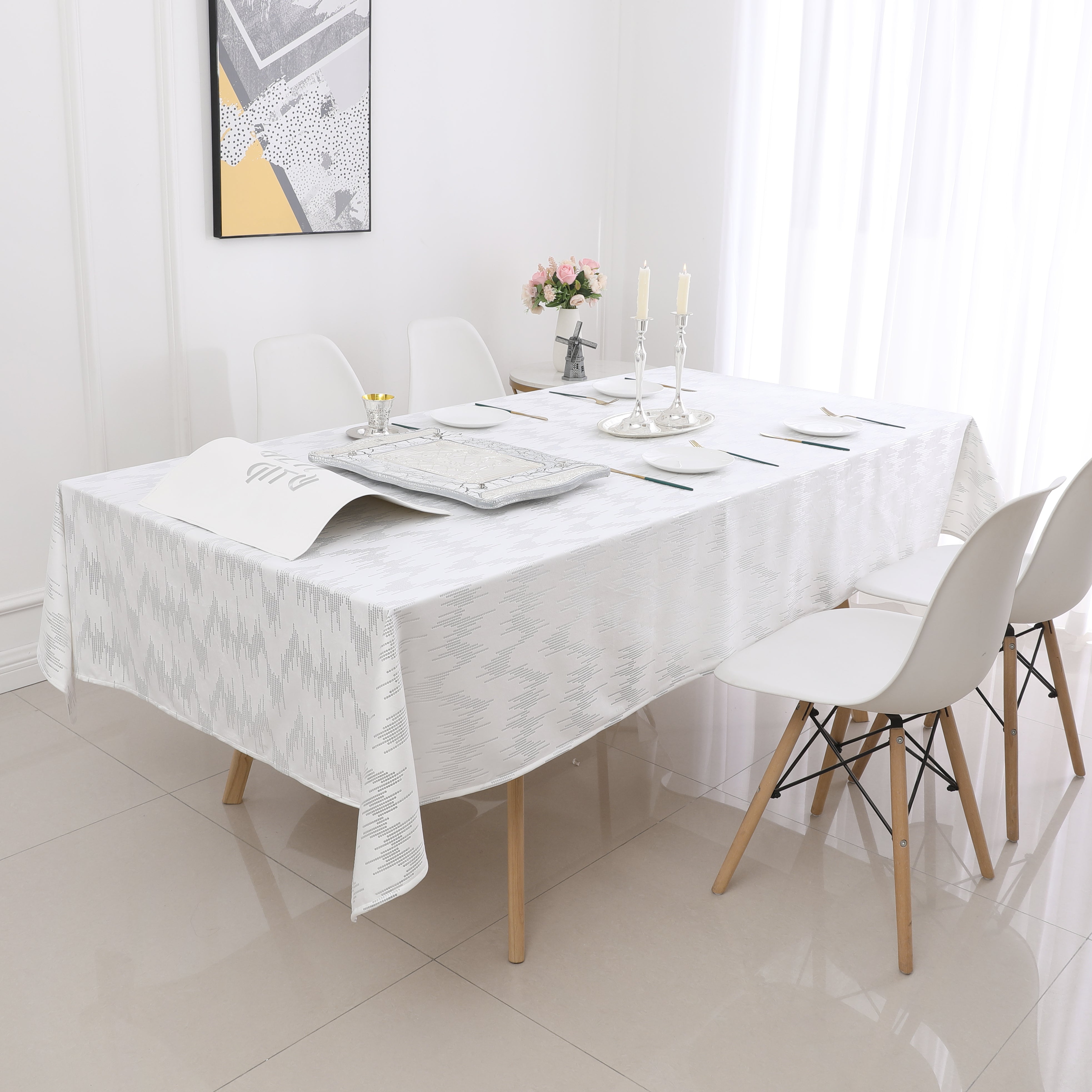 TC1401 White Dotted Silver Foil Print Tablecloth