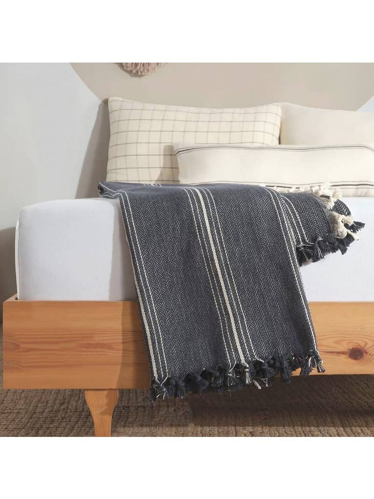 Navy Blue With Stripes Cotton Throw Blanket