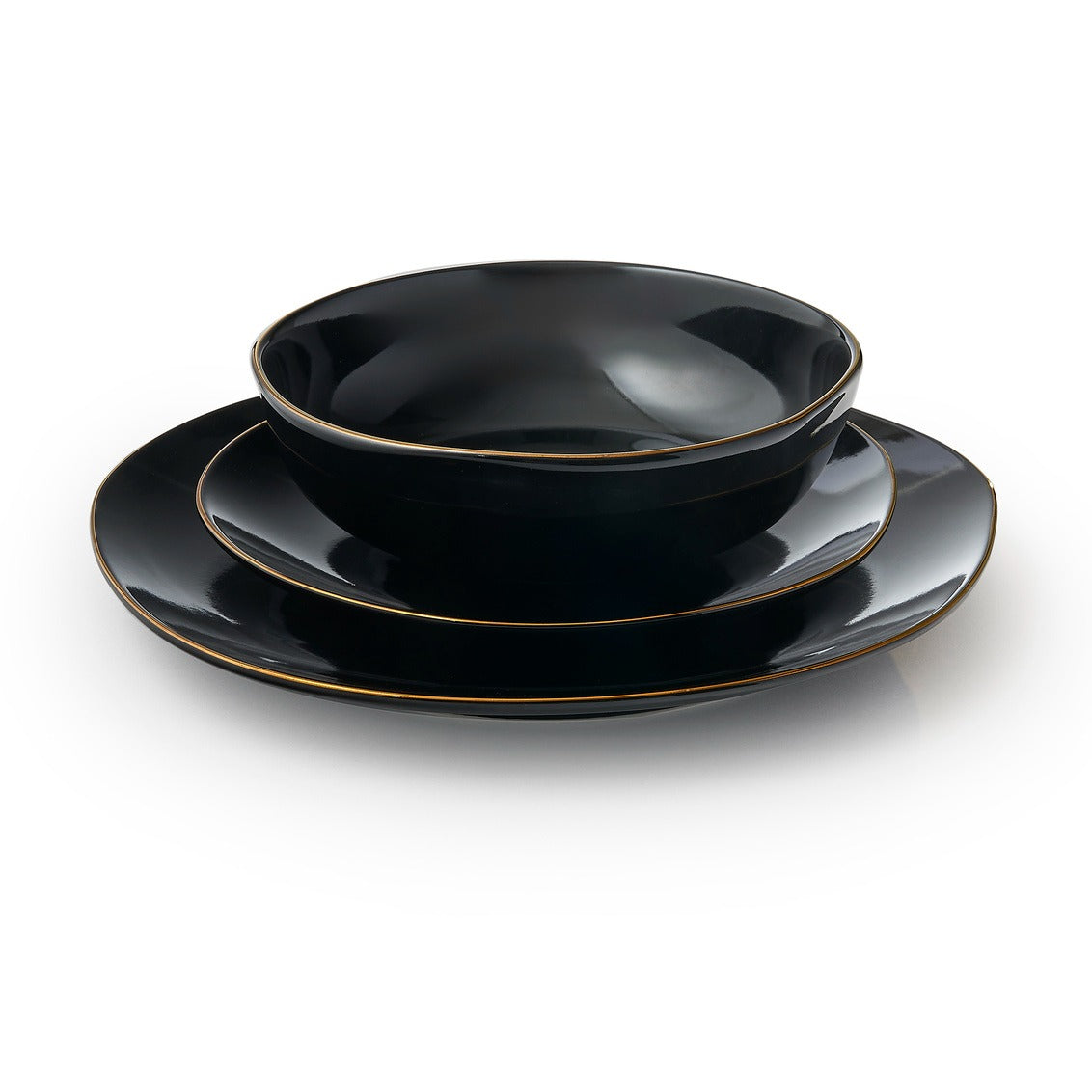 Andover Black 12 Piece Gold Rim Dinnerware Set