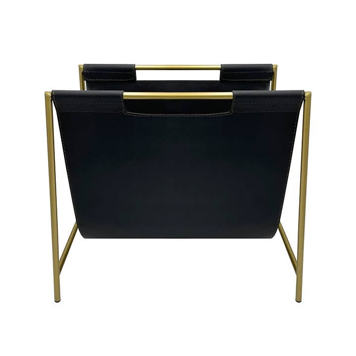 Square Gold Metal and Leather Magazine Rack