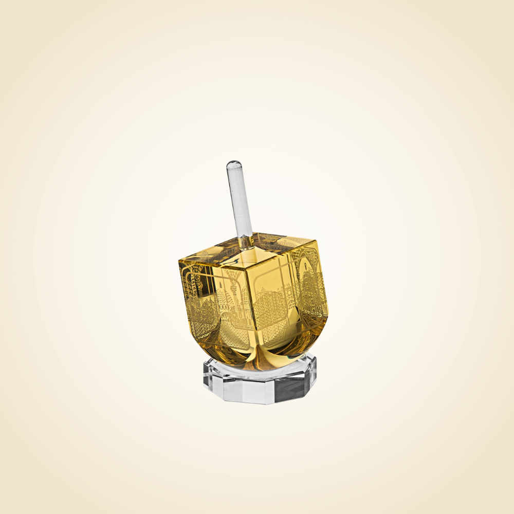 Crystal Amber Dreidel w Scenes of Old Jerusalem on Stand