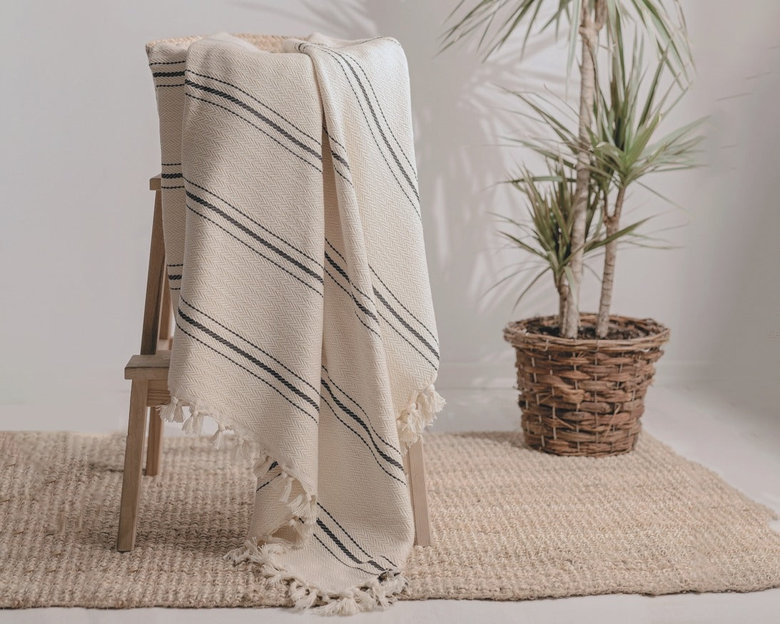 Cream With Black Stripes Cotton Throw Blanket