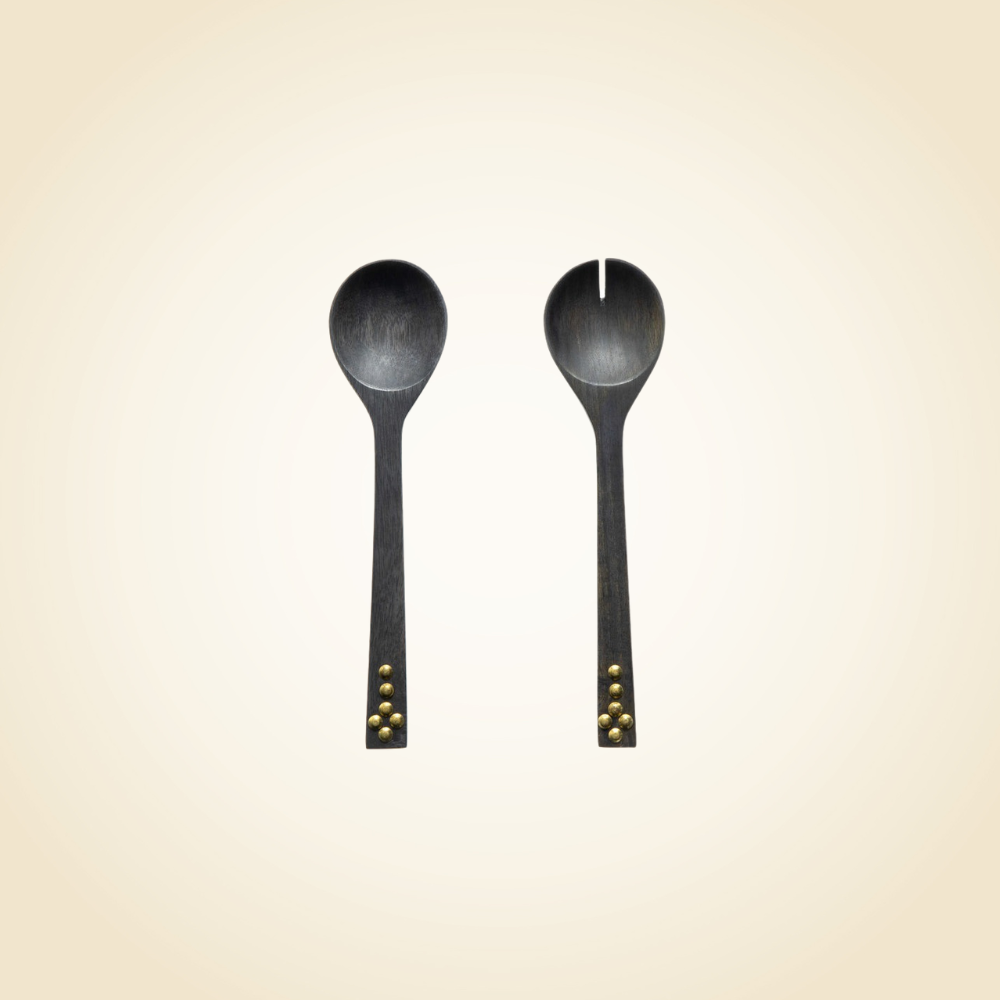 Wood Metal Studded Salad Servers