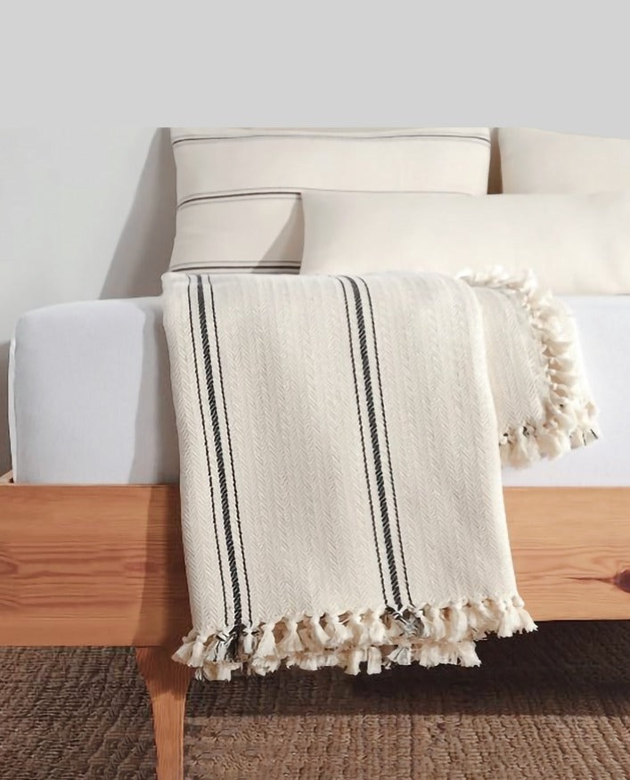 Cream With Black Stripes Cotton Throw Blanket