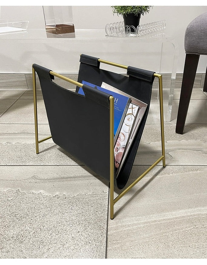 Square Gold Metal and Leather Magazine Rack