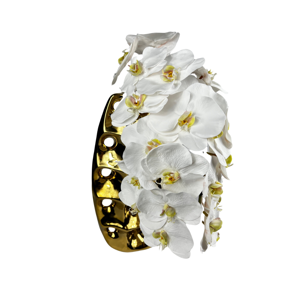 Gold Ceramic Vase 19 x 10 with White Orchids