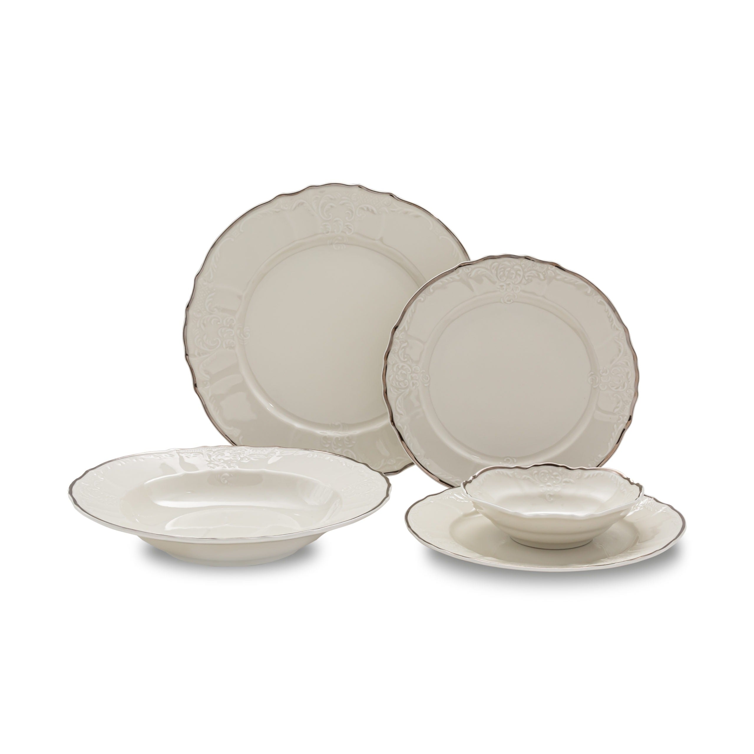 Vikko - Bernadotte, Fine Porcelain, Ivory with Silver Rim, 20 Pc Dinnerware Set, Serving for 4