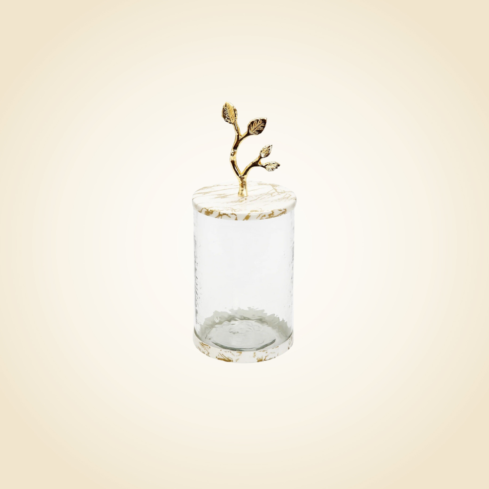 Medium Marble Lucite Canister With Leaf Handle