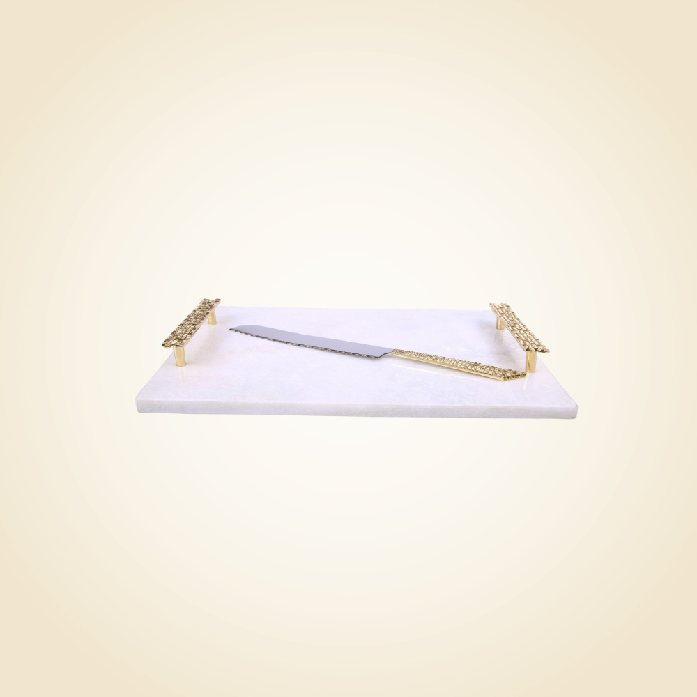 White Marble Challah Board w/ Mosaic Handles