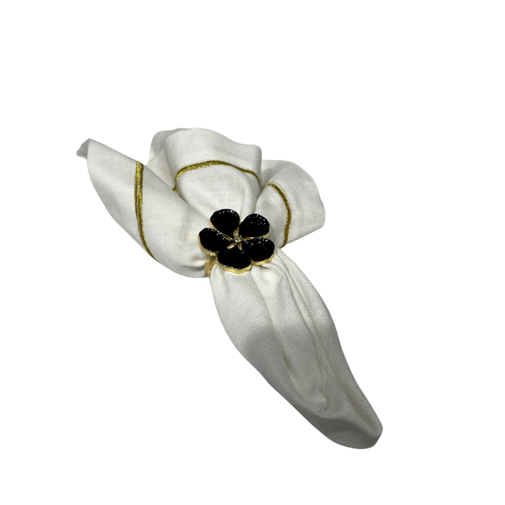 Black & Gold Flower Napkin Ring Set of 6
