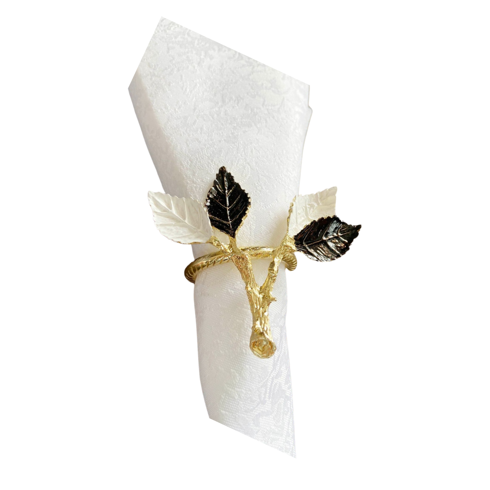 Two Leaf Stems Black & White Napkin Ring w Gold Base Set of Four