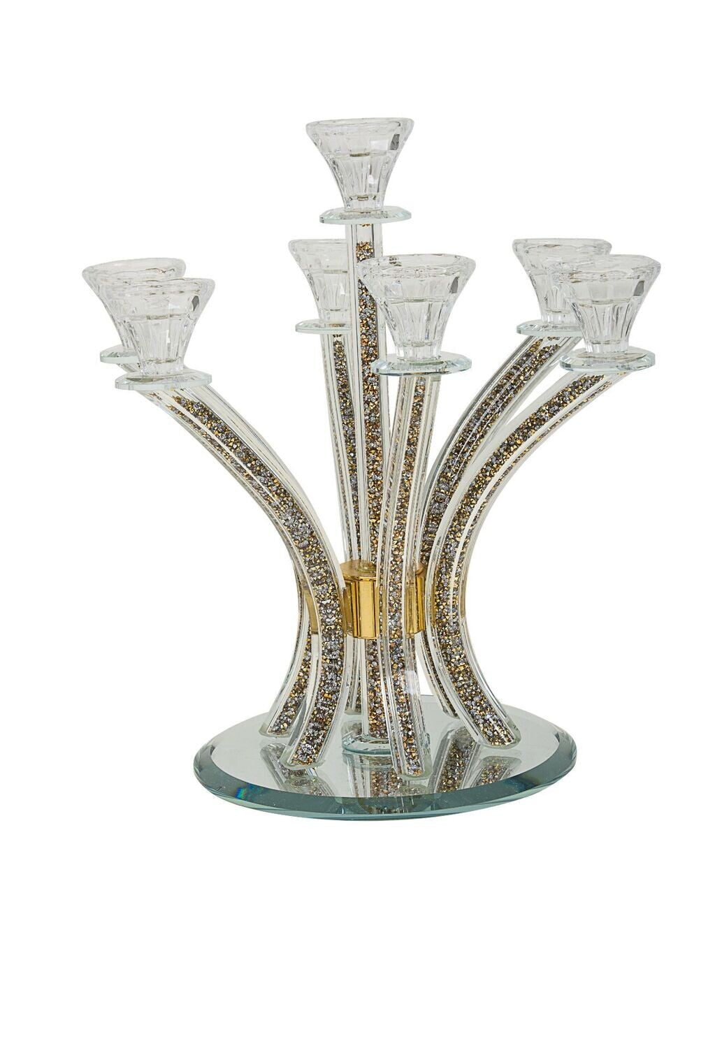 Gold Crystal Filled 7 Branch Candelabra on Mirror Base