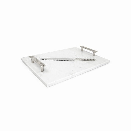 Marble Challah Board Silver Beaded Handles and Knife