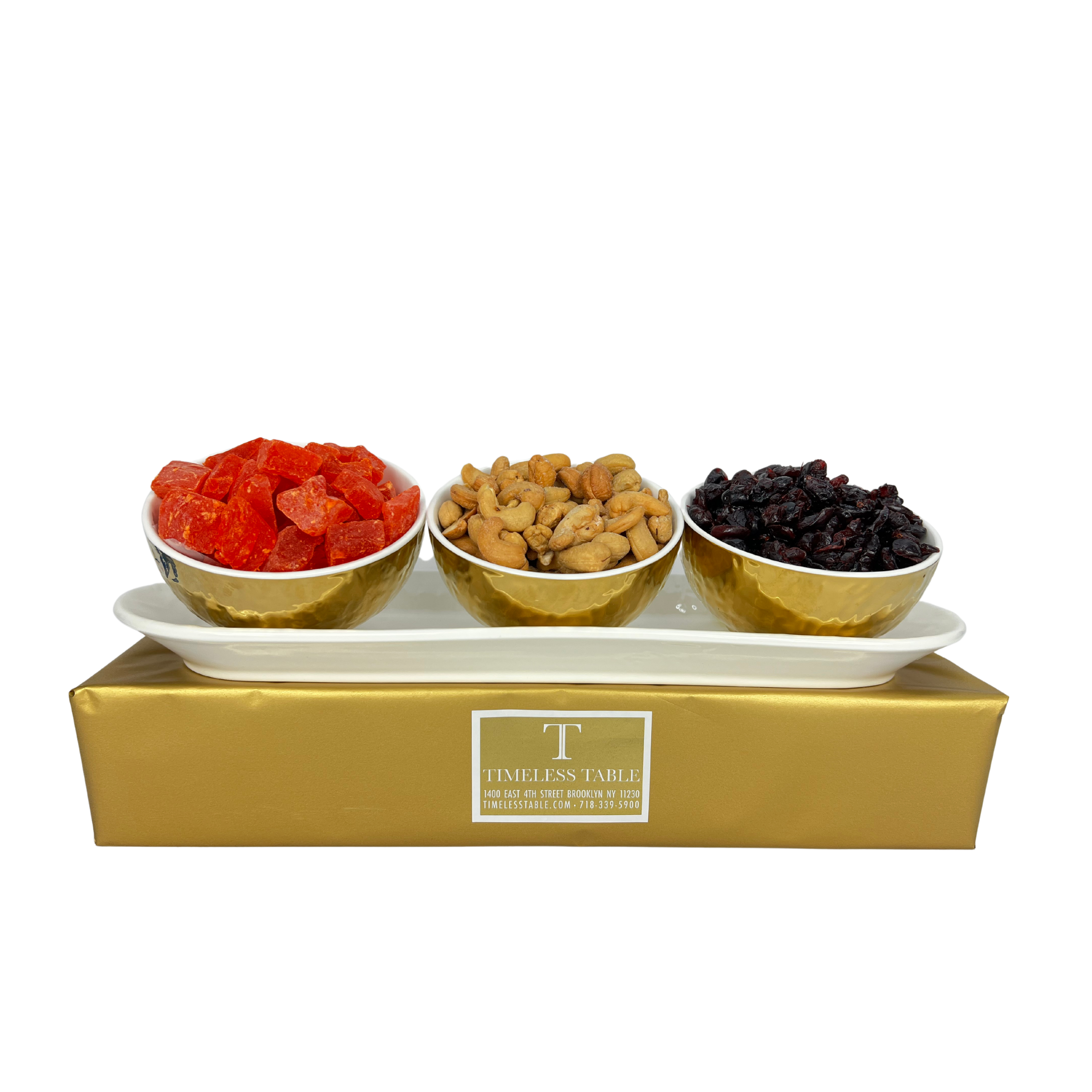 White Tray and 3 Bowls with Dried Fruit