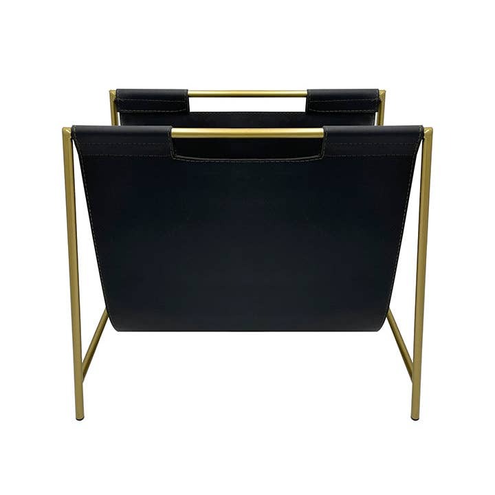 Square Gold Metal and Leather Magazine Rack