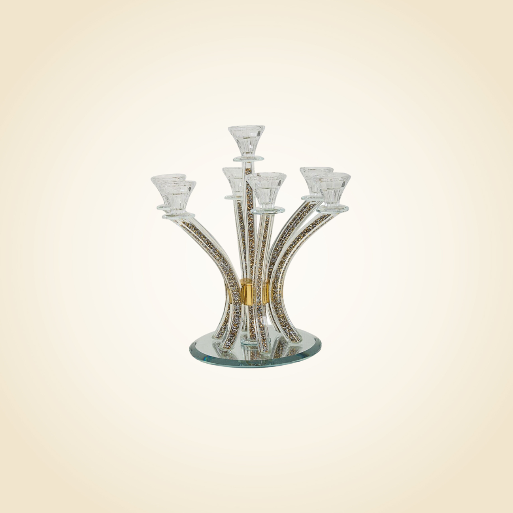 Gold Crystal Filled 7 Branch Candelabra on Mirror Base
