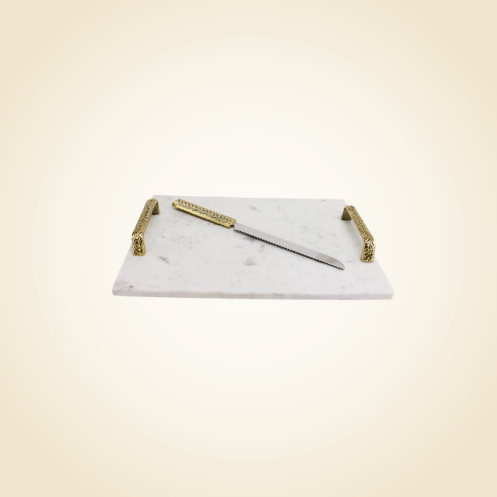 Marble Challah Board with Braided Gold Handles With Knife